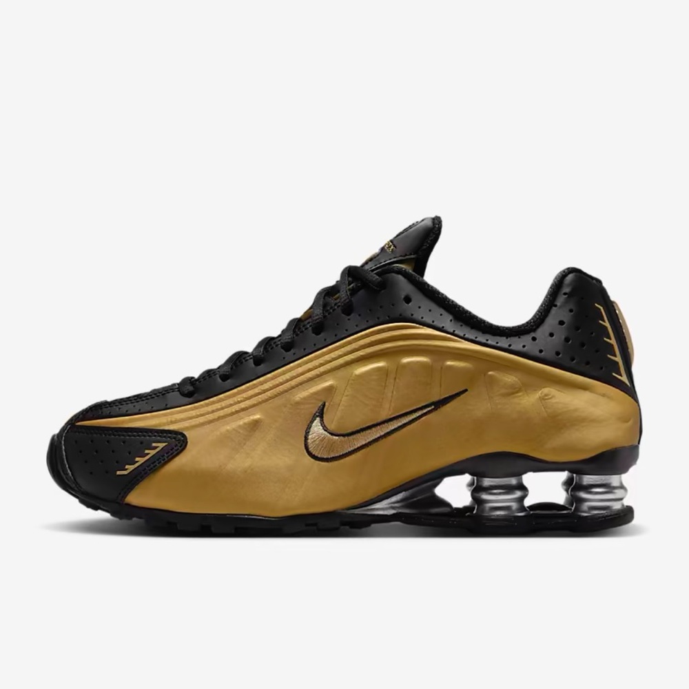 Nike WMNS Shox R4
Sneakers 
Black/Metallic Silver/Metallic
Gold
Style AR3565-005 - Picture 2 of 16